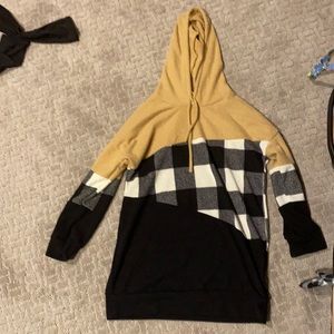 Yellow, plaid and black drawstring hoodie